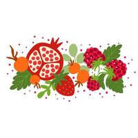 sommar bär hallon, nypon, jordgubbe, granatäpple, löv. söt hand dragen tecknad serie vektor element isolerat på vit. saftig frukt illustration, gott och friska sammansättning, organisk produkt.