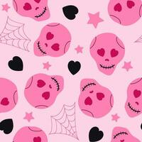 halloween sömlös mönster. halloween bakgrund. skalle, hjärtan, webb. vektor sömlös mönster av hand dragen skiss klotter skul l isolerat på rosa bakgrund.