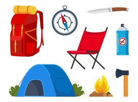 Camping und Wandern Ausrüstung Satz. groß Sammlung von Elemente oder Symbole zum Sport, Abenteuer im Natur, Erholung und Tourismus Konzept Design. Vektor Illustration.