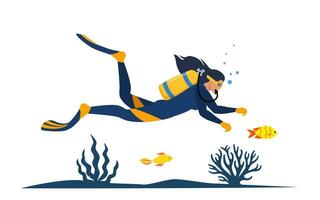 kvinna dykare med dykning Utrustning bär våtdräkt med syre tank och fenor. dykare swiming bland alger, koraller. fiskar. vektor illustration.
