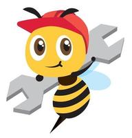 platt design tecknad söt bi som bär rött skyddskåpa och håller en nyckel. söt maskot hårt arbetande bi vektor