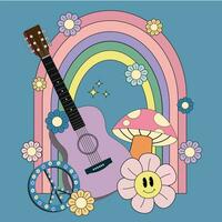 groovig komisch Abbildungen mit Gitarre, Pilze, Blumen, Regenbogen. positiv und Frieden Symbole im Jahrgang Stil. retro 70er Jahre Hippie. Vektor Illustration