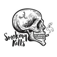 Rauchen tötet. Retro-rauchender Schädel mit Geisterrauch, der aus der Zigarette kommt vektor