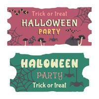 einstellen von Halloween Tickets Vorlage mit Farbe Text.traditionell Hand gezeichnet Coupon und Einladung isoliert. Silhouette von Spinne, Spinnennetz, Kürbis, Schlange. fallen Urlaub von tot. Vektor Illustration