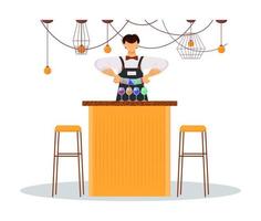 hotell barman platt färg vektorillustration. servicepersonal, personal. barkock med färgglada drycker vid disken. bartendern gör cocktails isolerade seriefiguren på vit bakgrund vektor