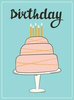 glücklich Geburtstag Karikatur Gruß Karte. Süss Kuchen mit Kerzen auf ein Stand. vektor