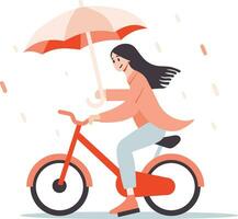 Hand gezeichnet schön Frau Reiten ein Fahrrad und halten ein Regenschirm im eben Stil vektor