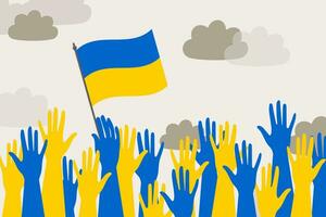 folkmassan händer med de flagga av ukraina på de bakgrund av moln. vektor. vektor