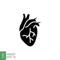 mänsklig hjärta ikon. enkel fast stil. inre organ, verklig, kardiologi, hjärt- anatomi, medicinsk begrepp. svart silhuett, glyf symbol. vektor illustration isolerat på vit bakgrund. eps 10.
