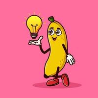 söt banan frukt karaktär med glödlampa idé till hands. frukt karaktär ikon koncept isolerade. emoji-klistermärke. platt tecknad stil vektor