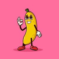 söt bananfruktkaraktär med cool emoji och visar gest ok. frukt karaktär ikon koncept isolerade. emoji-klistermärke. platt tecknad stil vektor