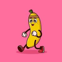 söt banan frukt karaktär jogging. frukt karaktär ikon koncept isolerade. emoji-klistermärke. platt tecknad stil vektor