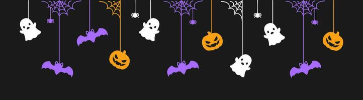 glücklich Halloween Banner oder Rand mit glühend Fledermäuse, Geist und Jack Ö Laterne Kürbisse. hängend gespenstisch Ornamente Dekoration Vektor Illustration, Trick oder behandeln Party Einladung