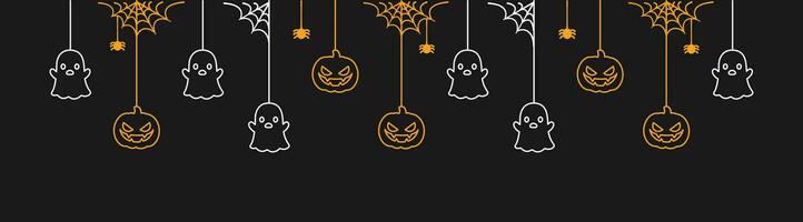 glücklich Halloween Banner oder Rand mit glühend Geister und Jack Ö Laterne Kürbisse. hängend gespenstisch Ornamente Dekoration Vektor Illustration, Trick oder behandeln Party Einladung