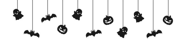 Lycklig halloween baner eller gräns med svart fladdermöss, spöke och domkraft o lykta pumpor silhuett. hängande läskigt ornament dekoration vektor illustration, lura eller behandla fest inbjudan