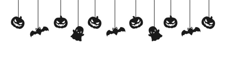 glücklich Halloween Banner oder Rand mit schwarz Fledermäuse, Geist und Jack Ö Laterne Kürbisse Silhouette. hängend gespenstisch Ornamente Dekoration Vektor Illustration, Trick oder behandeln Party Einladung