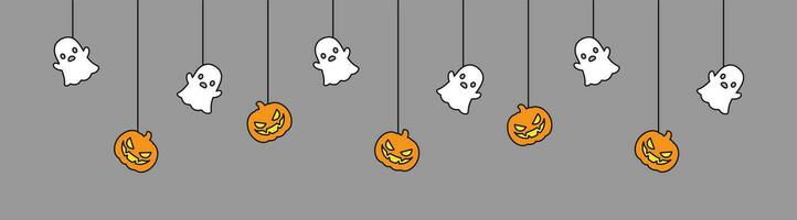Lycklig halloween baner eller gräns med spöke och domkraft o lykta pumpor. hängande läskigt ornament dekoration vektor illustration, lura eller behandla fest inbjudan