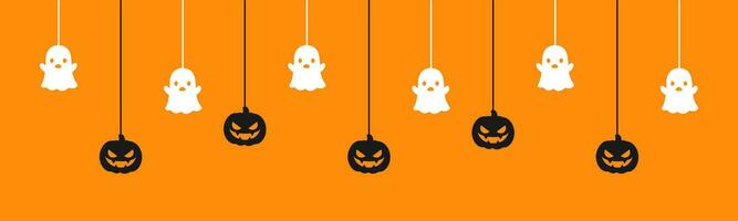 glücklich Halloween Banner oder Rand mit Geist und Jack Ö Laterne Kürbisse. hängend gespenstisch Ornamente Dekoration Vektor Illustration, Trick oder behandeln Party Einladung