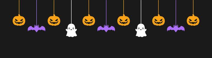 Lycklig halloween baner eller gräns med svart fladdermöss, spöke och domkraft o lykta pumpor. hängande läskigt ornament dekoration vektor illustration, lura eller behandla fest inbjudan