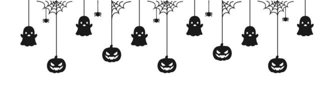 glücklich Halloween Banner oder Rand mit schwarz Spinne Netz, Geist und Jack Ö Laterne Kürbisse. hängend gespenstisch Ornamente Dekoration Vektor Illustration, Trick oder behandeln Party Einladung