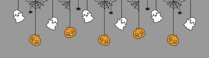 Lycklig halloween baner eller gräns med spöke och domkraft o lykta pumpor. hängande läskigt ornament dekoration vektor illustration, lura eller behandla fest inbjudan