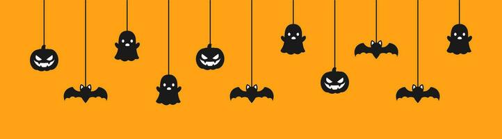 Lycklig halloween baner eller gräns med svart fladdermöss, spöke och domkraft o lykta pumpor. hängande läskigt ornament dekoration vektor illustration, lura eller behandla fest inbjudan