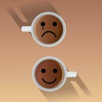 Kaffee mit Gesicht Ausdruck . Weiß Tasse isoliert hölzern braun Hintergrund editierbar Vektor Design