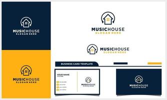 hem eller hus logotyp design med hörlurar musik logotyp med visitkortsmall vektor