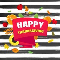 Happy Thanksgiving Day Flat Style Design Poster Vector Illustration mit großem Band, Text, Herbstlaub, Sonnenblume, Mais und Kürbis. Feiertage feiern