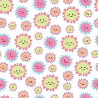 süß Blumen Muster, Lächeln sonnig Gesicht Karikatur nahtlos Hintergrund, Vektor Illustration, Hintergrund, Textilien, Tasche, Kleidungsstück, Mode Design