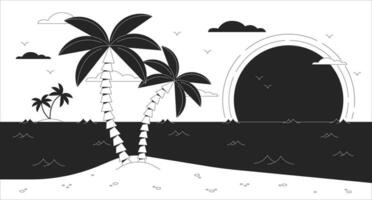 Bucht schwarz und Weiß siehe da fi ästhetisch Hintergrund. Sonnenuntergang Ozean. Strand mit Palme Baum Gliederung 2d Vektor Karikatur Landschaft Illustration, einfarbig lofi Hintergrund. bw 90er Jahre retro Album Kunst, Ausruhen Stimmung