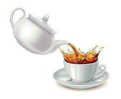 realistisch detailliert 3d Weiß Keramik Teekanne und Tasse. Vektor