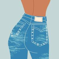kvinna i hög midjeline jeans. tillbaka se. denim kläder. flicka i blå jeans . trendig utrusta platt illustration. unisex- kläder på blå bakgrund. vektor platt illustration.