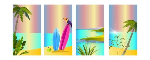 sommarbakgrundsuppsättning, tukan, surfbräda, palmer, strand, ö, hav. tropiska semesteraffischer vektor