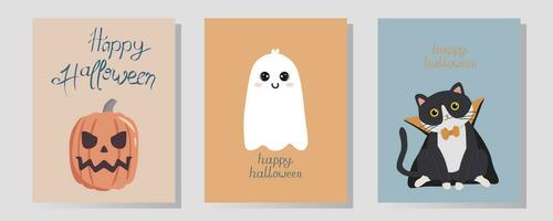 boho halloween hälsning kort med söt tecken. tryckbar hälsning kort illustration. design för halloween i pastell färger. vektor