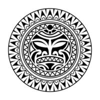 runda tatuering prydnad med Sol ansikte maori stil. afrikansk, azteker eller mayan etnisk mask. svart och vit. vektor