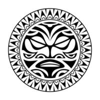 runda tatuering prydnad med Sol ansikte maori stil. afrikansk, azteker eller mayan etnisk mask. svart och vit. vektor