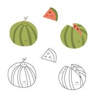 ein klein einstellen mit ein Wassermelone und ein Stück von Wassermelone. schwarz und Weiß und Farbe Clip Art Vektor Illustration.