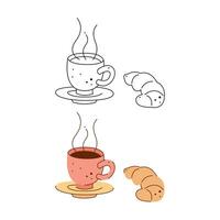 heiß Kaffee im ein Tasse und ein Croissant. schwarz und Weiß und Farbe Clip Art Vektor Illustration.