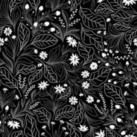 schwarzer nahtloser Hintergrund mit weißen Blumen und grauen Blättern vektor