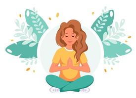 Frau, die im Lotussitz meditiert. gesunder Lebensstil, Yoga, entspannen. vektor