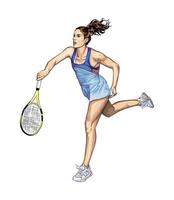 abstrakt tennisspelare med en racket från stänk av akvareller, färgad teckning, realistisk. vektor illustration av färger