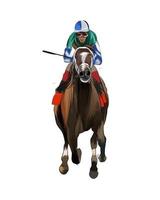 Pferderennen mit einem Jockey aus Aquarellspritzern, farbiger Zeichnung, realistisch, Reiten. Vektor-Illustration von Farben vektor