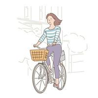 Eine Frau fährt mit einem Korb Fahrrad. handgezeichnete Stilvektordesignillustrationen. vektor