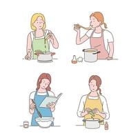 Frauen in Schürzen kochen. handgezeichnete Stilvektordesignillustrationen. vektor