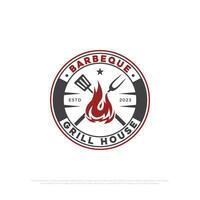 heiß Grill Grill Logo Design Abzeichen, retro Grill Haus und Bar Vektor Abbildungen Emblem Vorlage