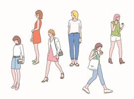 viele Frauen auf der Straße. handgezeichnete Stilvektordesignillustrationen. vektor