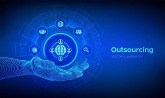 outsourcing och hr. outsourcing-ikon i robothand. socialt nätverk och global rekrytering. globalt rekryteringsföretag och internetkoncept på virtuell skärm. vektor