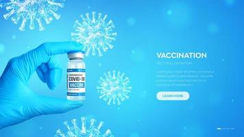 Covid-19-Coronavirus-Impfstoff-Durchstechflasche. Impfkonzept. Die Hand des Arztes in blauen Handschuhen hält das medizinische Glasfläschchen zur Injektion. Mikroskopische Ansicht von Covid-19-Viruszellen aus nächster Nähe. vektor