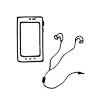 hand dragen illustration telefon med hörlurar i klotter stil. lyssna till musik på din smartphone. smartphone med hörlurar. svart isolerat på en vit bakgrund. vektor. vektor